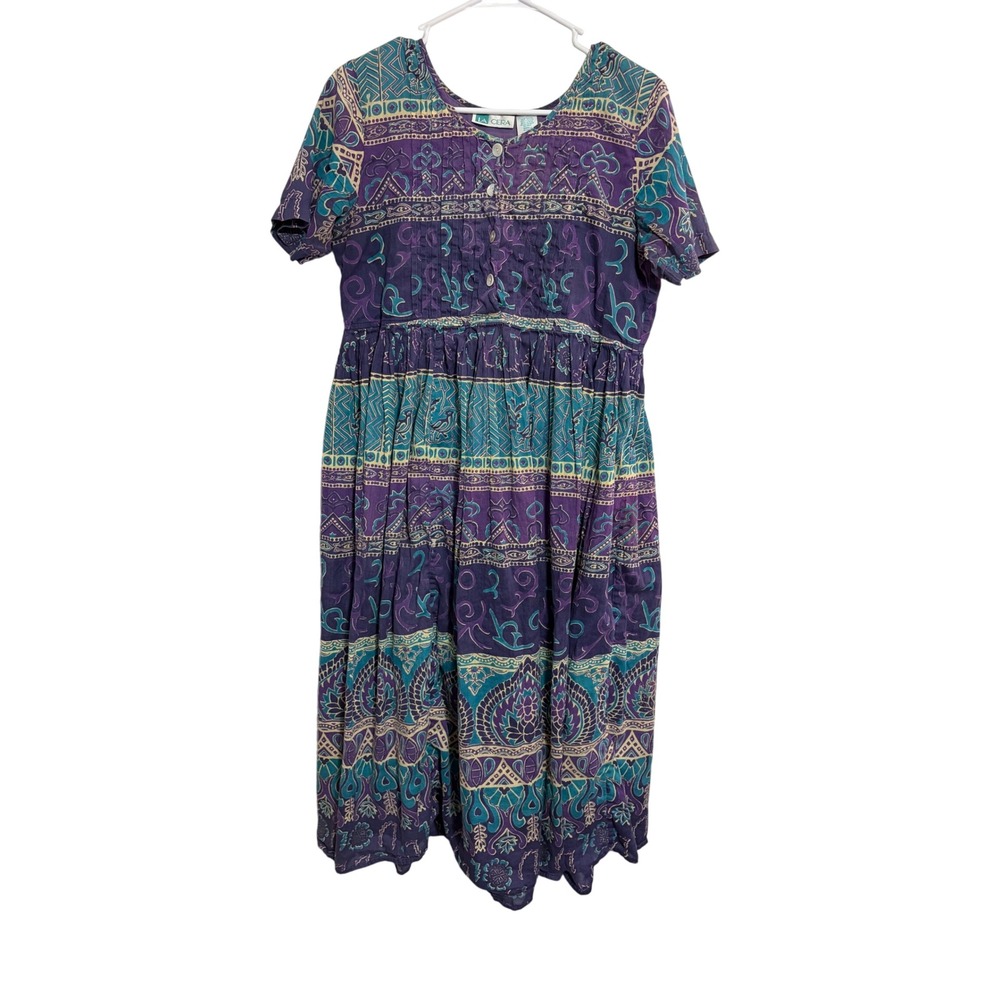 La Cera Midi Dress Boho Geometric Purple Teal Pintuck Cotton Small Vintage Style